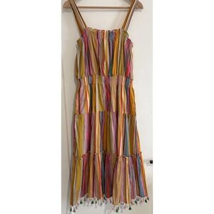 Tahari ASL Striped Smocked Midi Vibrant BOHO Dress Tassel Hem Cotton Size 12 EUC